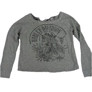 Harley-Davidson Women Gray Lace-Up Graphic Skull Roses Spirit Long Sleeve XS